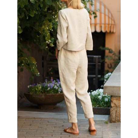 Cotton Linen Sets Women 2 pcs O-neck Long Sleeve Loose T-shirts And High Waist Drawstring Loose Wide Leg Pant Suits FYY-10736