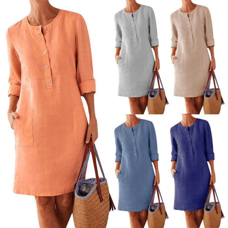 Cotton Linen Dress Spring Vintage Long Sleeve Button Pocket Solid Loose Party Dresses FYY5093