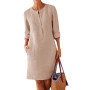 Cotton Linen Dress Spring Vintage Long Sleeve Button Pocket Solid Loose Party Dresses FYY5093