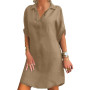Cotton Linen OL Blouse Dress Vintage  Casual Turn Down Collar Short Sleeve Loose Solid Mini Dresses Female Vestidos FYY1062