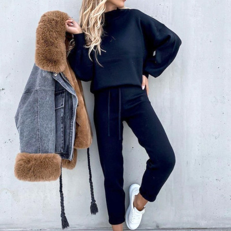 Tracksuits Women's Fleece Sweatshirt Sets Lantern Sleeve Pullover Drawstring Pants Set Clothing Women Autumn Sportswear