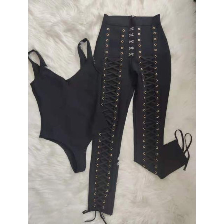 High Quality Summer Bodycon Elegant Women Two-Piece Bandage Set Sexy Vest Top + Lace-up High-Waist Pencil Pants Club Party Set