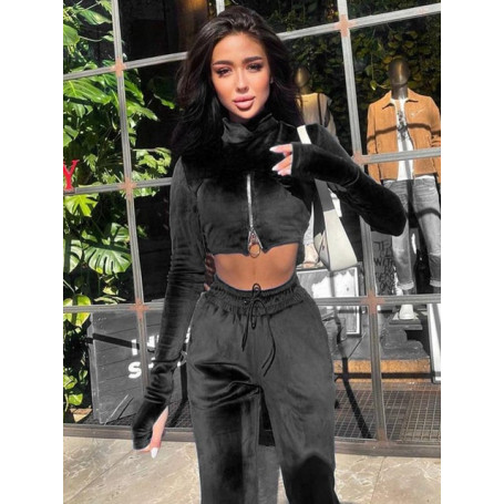 Fall Sporty Workout Velvet Tracksuit Women Fitness Tight 2 Piece Pants Sets Suits Sexy Velvet Turtleneck Zipper Set Winter