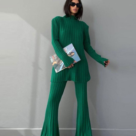 Turtleneck Women Knitted Suit Elegant Loose Sweater With High Waist Flare Pants Winter 2 Pieces Set  Casual Lady Outfits