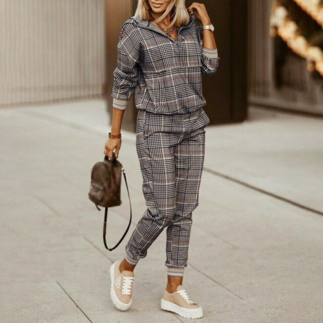 Fashion Spring Autumn Women Plaid Print Zipper Front Hooded Top & Pants Set Two Pieces Suit Outwear Tracksuits Jogging Pant Suit