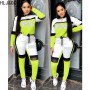 HLJ&GG Casual Sporty Patchwork Color Two Piece Sets Women PINK Letter Print Long Sleeve Top And Jogger Pants Tracksuits Outfits