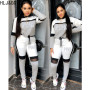 HLJ&GG Casual Sporty Patchwork Color Two Piece Sets Women PINK Letter Print Long Sleeve Top And Jogger Pants Tracksuits Outfits