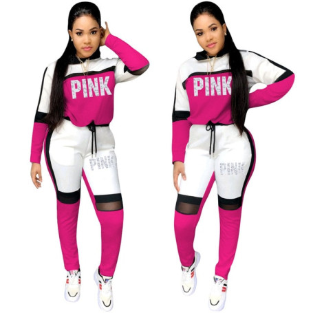 HLJ&GG Casual Sporty Patchwork Color Two Piece Sets Women PINK Letter Print Long Sleeve Top And Jogger Pants Tracksuits Outfits