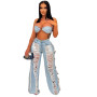Echoine New Sexy Denim Two Piece Set Lace Up Ring Bra Top Hollow Out Hole Tassel Jeans Summer Party Night Clubwear Outfits