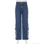 Echoine Side Hollow Out Hole Straight Jeans Hight Waist Sexy Blue Denim Pants Street Clubwear Casual Ripped Y2k Denim Trousers