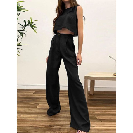 Streetwear Cotton Linen Women Green 2pc Sets Tank Crop Top High Waist Flare Pants Suit Casual Fashion Lady Outfits