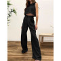 Streetwear Cotton Linen Women Green 2pc Sets Tank Crop Top High Waist Flare Pants Suit Casual Fashion Lady Outfits