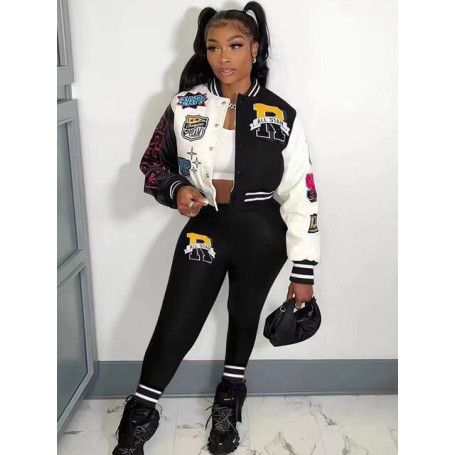 Sporty Color Block Women's Baseball Tracksuits College Style Pattern Print Long Sleeve Flight Jacket with Workout Sweatpant Suit