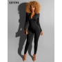 Activewear Casual Zipper Up Rompers Womens Jumpsuit Deep V Neck Full Sleeve One Piece Overall Casual Workout Skinny Bodysuit