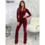 Elastic Hight Velour Romper Womens Jumpsuit Vintage Zipper Up Long Sleeve Stacked Bodysuit Vintage Draped One Piece Club Outfit