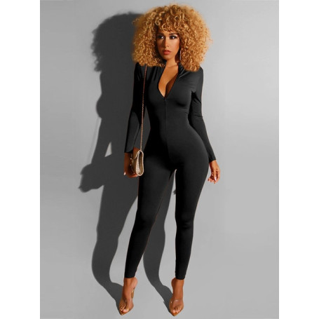 Activewear Casual Zipper Up Rompers Womens Jumpsuit Deep V Neck Full Sleeve One Piece Overall Casual Workout Skinny Bodysuit
