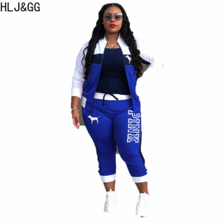 HLJ&GG Casual Sporty Two Piece Sets Women Zipper Long Sleeve Top + Jogger Pants Tracksuits Spring PINK Letter Print 2pcs Outfits