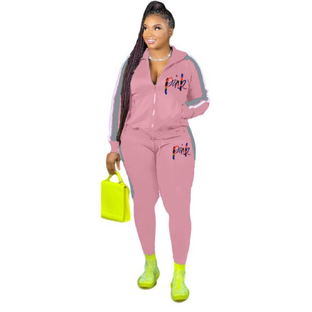HLJ&GG Fall Winter Tracksuits Women PINK Letter Print Zipper Coat And Jogger Pants Two Piece Sets Casual Sport Matching Outfits