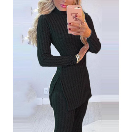 Fall Winter Knitted 2 Piece Suits Women Long Sleeve Ribbed Slit Long Top and High Waist Pencil Pants Set Fashion Outfit