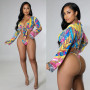 Summer New Product Women Clothes Fashion Sexy Holiday Beach Style Printed Lace-up Bikini Three-Piece Set