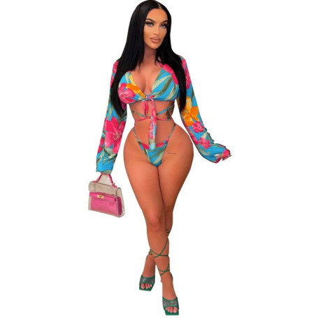 Summer New Product Women Clothes Fashion Sexy Holiday Beach Style Printed Lace-up Bikini Three-Piece Set