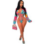 Summer New Product Women Clothes Fashion Sexy Holiday Beach Style Printed Lace-up Bikini Three-Piece Set