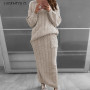 Lugentolo Women Twist Knitted Sweater Skirt Set Solid Fashion O-Neck Pullover Tops Casual Pocket Skirt Large Size 2 Piece Sets