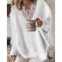 Lugentolo Lace V Neck Sweater Women Bead Stitching Loose Long Sleeves Fall Fashion Knitted Pullover White Sweaters