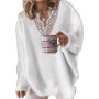 Lugentolo Lace V Neck Sweater Women Bead Stitching Loose Long Sleeves Fall Fashion Knitted Pullover White Sweaters