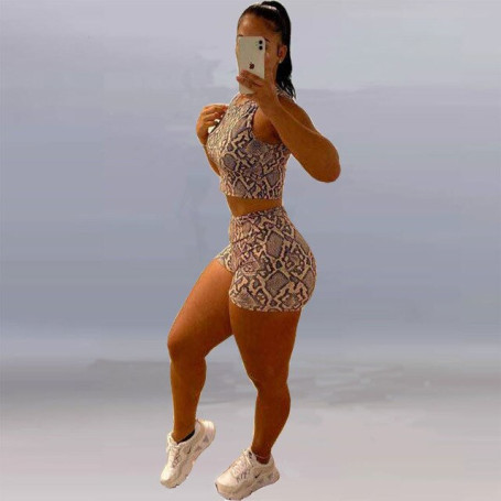 Fashion sexy snake print women set sleeveless crop top and tight shorts 2 piece set hot sexy sports outfit