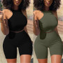 Two Piece Set Women  Summer Solid Color Tracksuits Sleeveless Vest Crop Tops + Skinny Shorts 2Pcs Set Sexy Fitness Clubwear