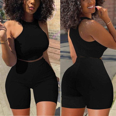 Two Piece Set Women  Summer Solid Color Tracksuits Sleeveless Vest Crop Tops + Skinny Shorts 2Pcs Set Sexy Fitness Clubwear