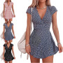 Summer European And American Women's Clothing Floral Skirt New Miniskirt Short Sleeve Dress