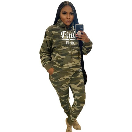 HLJ&GG Fashion Camouflage PINK Letter Print Tracksuits Women Hooded Long Sleeve Sweatshirt + Jogger Pants Two Piece Sets Outfits