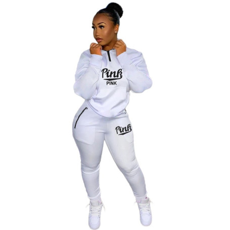 HLJ&GG Winter Tracksuits Two Piece Sets Pink Letter Print Solid Casual Outfits Zip Sweatshirt + Pockets Pants Women Sweat Suits