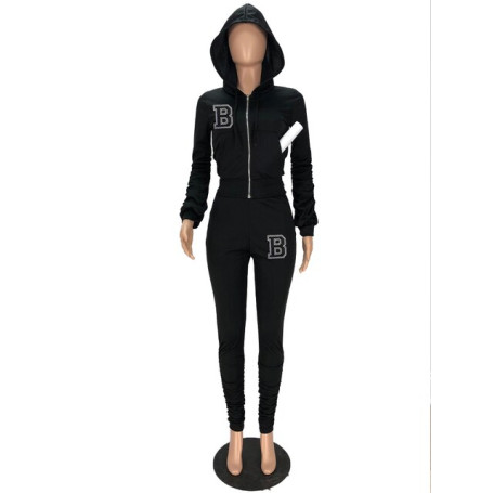 Activewear Letter B Print Track Suits for Women 2 Piece Zipper Hooded Long Sleeve Crop Jackets with High Waist Jogger Sweatpant