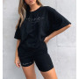 Women's Leisure Sports 2-Piece Set Summer Loose Short Sleeve Letter Printed T-Shirt + Tight Capris Shorts Sports Set Outfits