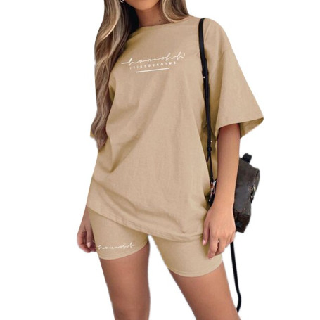 Women's Leisure Sports 2-Piece Set Summer Loose Short Sleeve Letter Printed T-Shirt + Tight Capris Shorts Sports Set Outfits