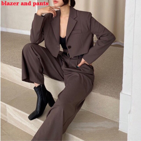 Office Lady Blazer Suits Vintage Two Piece Set Women Long Sleeve Short Blazer High Waist Wide Leg Long Pants 2 Piece Outfits