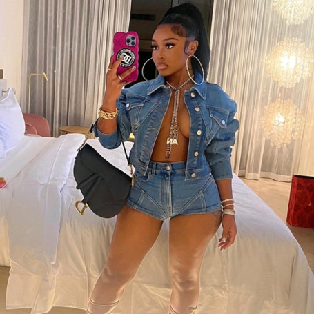 Denim Two Piece Short Pant Sets Stretch Jacket Blue Jeans Lapel Long Sleeve Coat Matching Suit Street Casual Clothing For Women