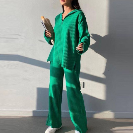 Autumn Sweater Pants Women Knitted Suit Casual Zipper Polo Collar Jumper And Straight Trousers Two Piece Sets Office Outifits