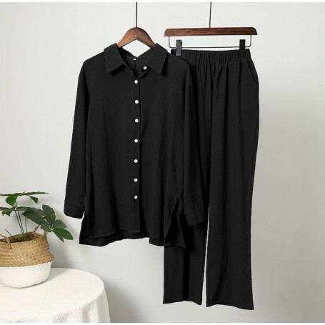 Elegant Loose Women Shirt Trouser Suits Long Sleeve Lapel Shirts And Elastic High Wasit Pants 2 Pieces Set Fashion Office Outfit