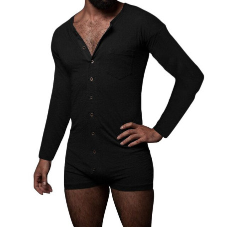 Men Pajamas Jumpsuit Long Sleeve Comfortable Homewear V-neck Button Leisure Male Sleepwear Romper Sexy Solid Color Nightwear