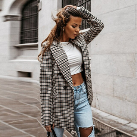 Vintage Plaid Women Blazer Long Sleeve Double Breasted Jacket  Spring Casual High Street Office Lady Coat American Stylish