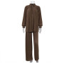 TYBURN High Waist Pant Suits Casual Loose Shirts Pants Set Woman 2 Pieces Elegant Brown Fashion Pleated Home Wide Trouser