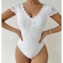 Sexy V Neck Backless Bodysuits Solid White Lace Body Feminino Short Sleeve Streetwear Club Slim Jumpsuit  Mulheres Nuas A Foder