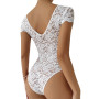Sexy V Neck Backless Bodysuits Solid White Lace Body Feminino Short Sleeve Streetwear Club Slim Jumpsuit  Mulheres Nuas A Foder