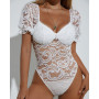 Sexy White One Pieces Summer Hallow Out Lace Top Transparent Bodysuits Puff Short Sleeve Body Feminino Street Club Slim Jumpsuit
