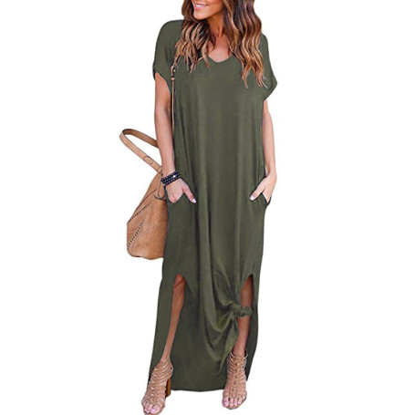 Women Short Sleeve V Neck Casual Slit Hem Solid Party Beach Maxi Long Dress Brief Black Vestido Plus Size