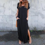Women Short Sleeve V Neck Casual Slit Hem Solid Party Beach Maxi Long Dress Brief Black Vestido Plus Size